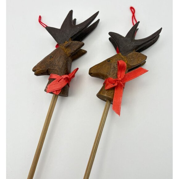 Vintage Wooden Reindeer Head Stick Christmas Ornaments Set Red Bow Rustic Style - Picture 3 of 8